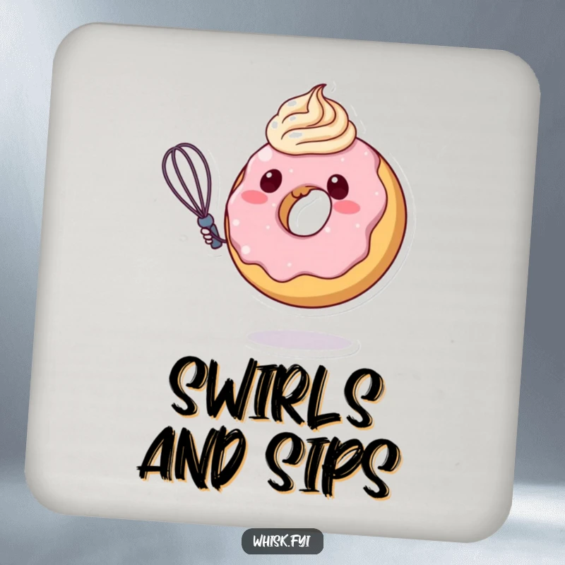 Funny donut character swirling frosting with a whisk on a drink coaster, adding a sweet and humorous accent to any table.