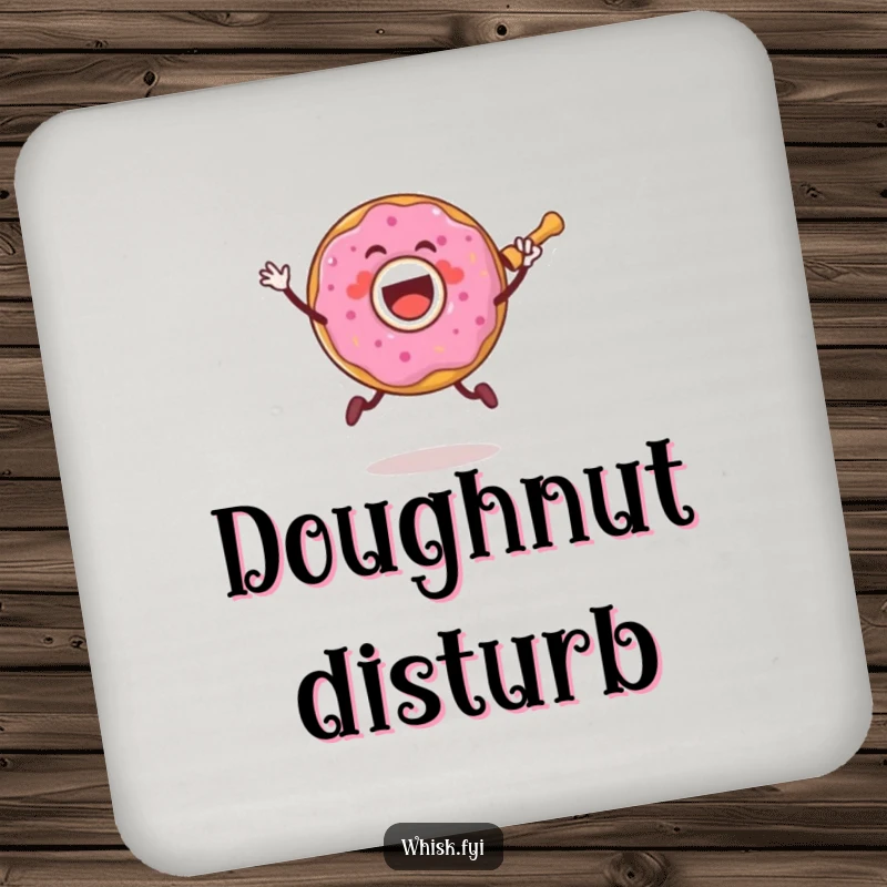 Funny drink coaster showcasing a joyful donut character jumping with a rolling pin, adding baking charm to surface protection.