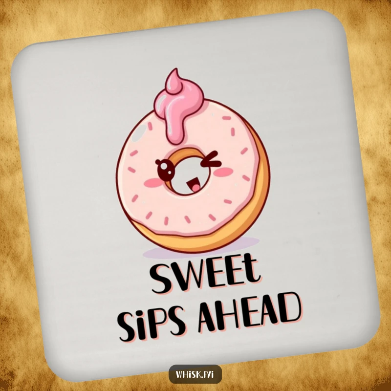 Funny drink coaster with a mischievous doughnut character winking while frosting a doughnut, protecting tables.