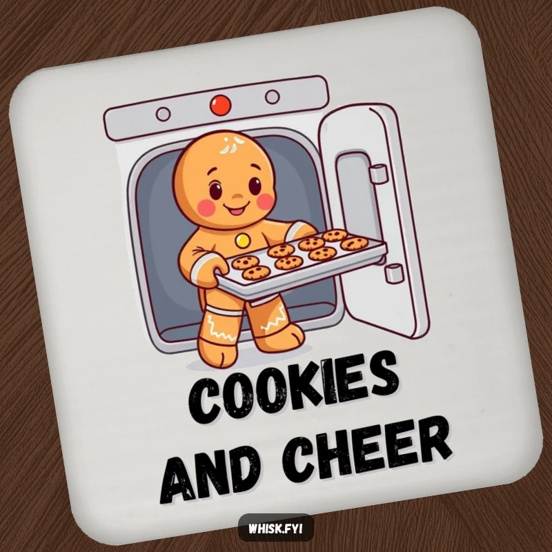 Funny drink coaster featuring a playful gingerbread man character taking cookies out of an oven, protecting furniture with charm.