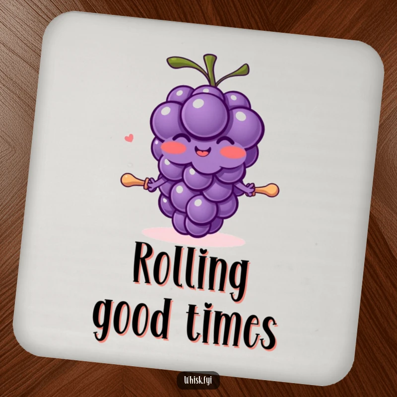 Funny blushing purple grape character with tiny arms joyfully rolling out dough with a small pin on a drink coaster.