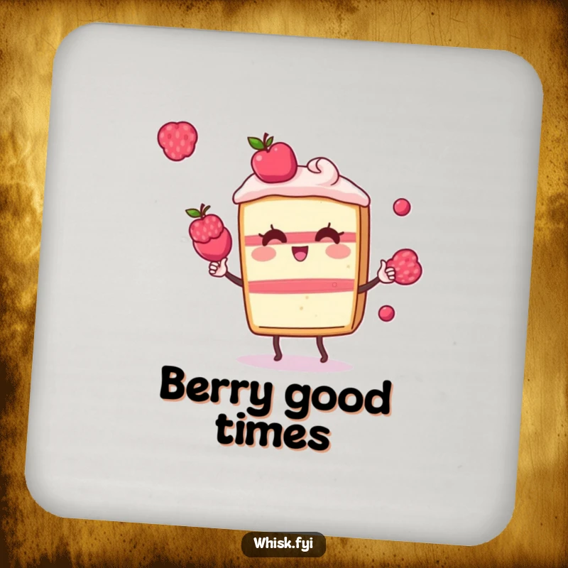 Funny Kawaii cake drink coaster, featuring a playful cake slice character juggling small berries, adding dessert humor.