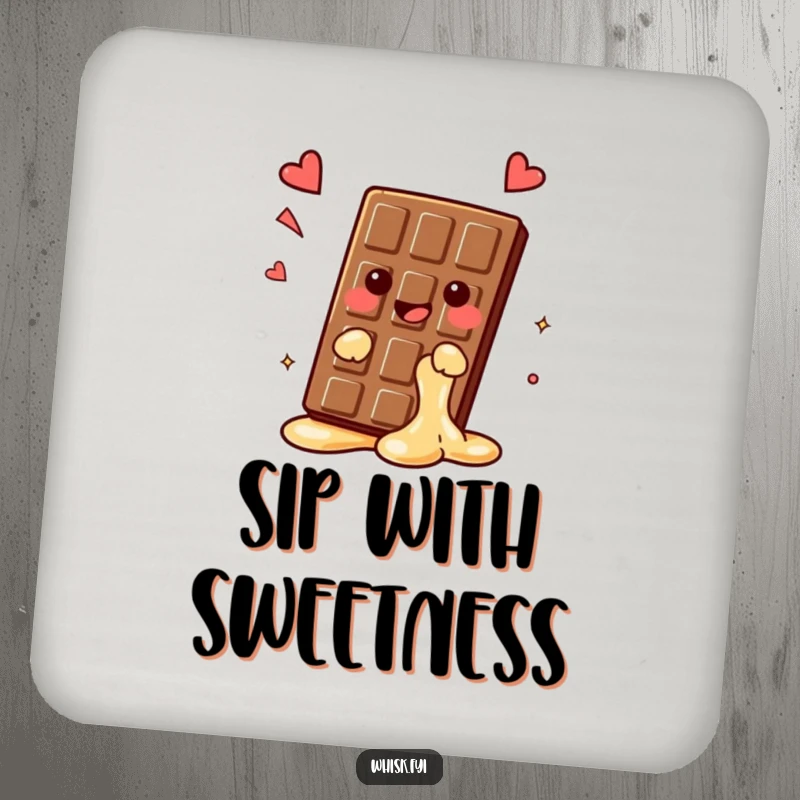 Funny kawaii chocolate bar drink coaster, melting slightly with a happy sigh, protecting surfaces with hilarious sweetness, perfect funny gift.