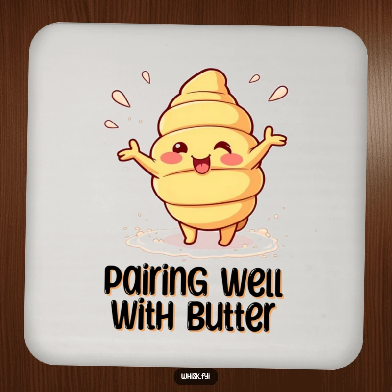 Funny Kawaii croissant character beaming and playfully tossing flour on a drink coaster, representing kitchen fun.