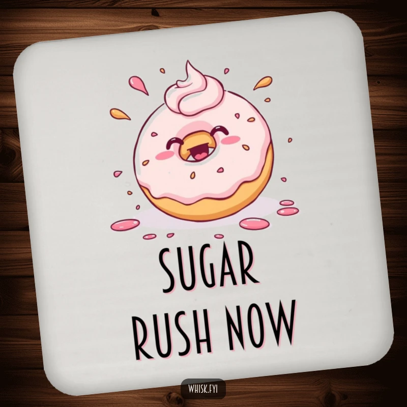 Funny kawaii donut joyfully splattering frosting with playful abandon, printed on a protective drink coaster. Adds sweet and humorous flair.