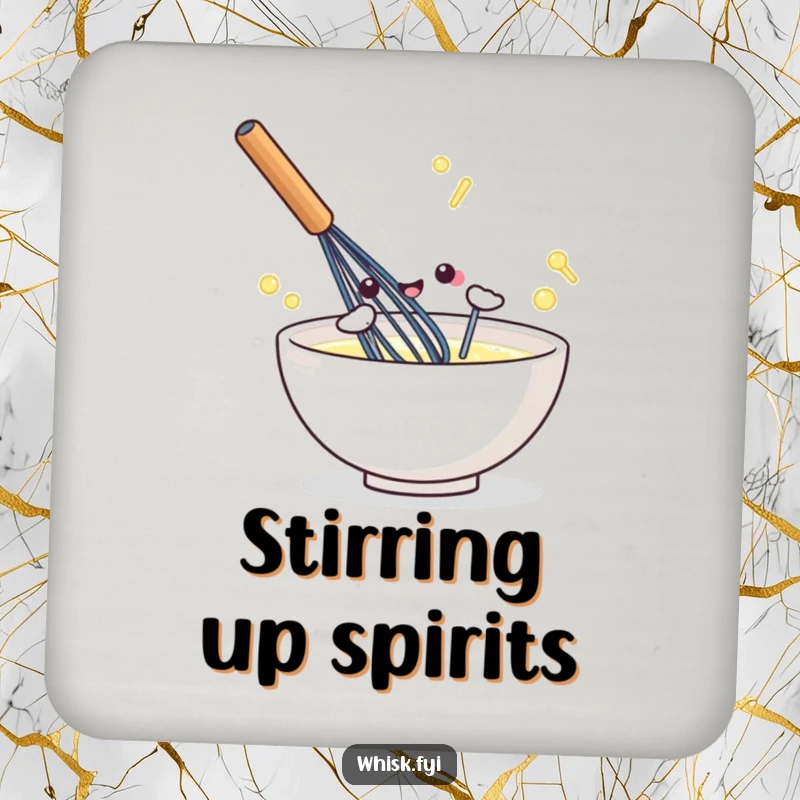 Funny kawaii drink coaster featuring a whisk in energetic action, adding a fun element to table settings.