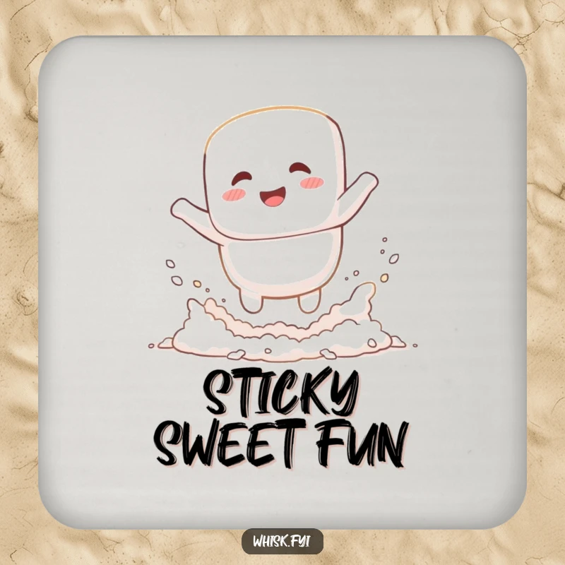 Funny giggling white marshmallow jumping into a flour cloud on a drink coaster, a set of humorous baking accessories.