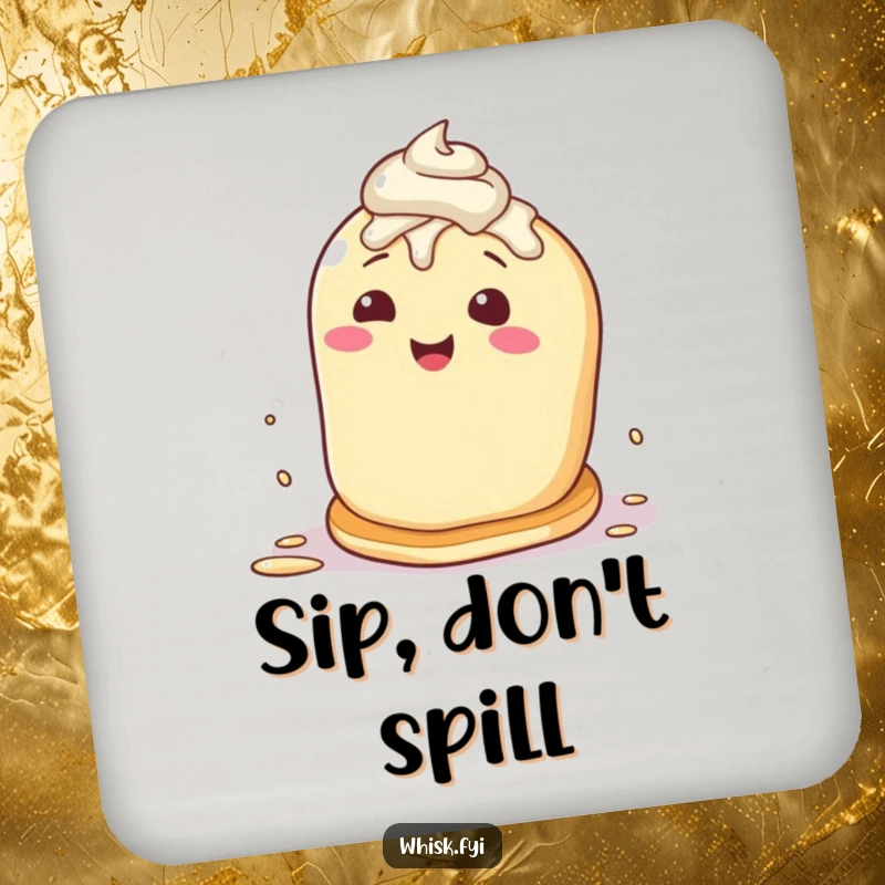 Funny drink coasters showing a happy pancake character attempting a self-flip, splattered with frosting, adding breakfast humor.