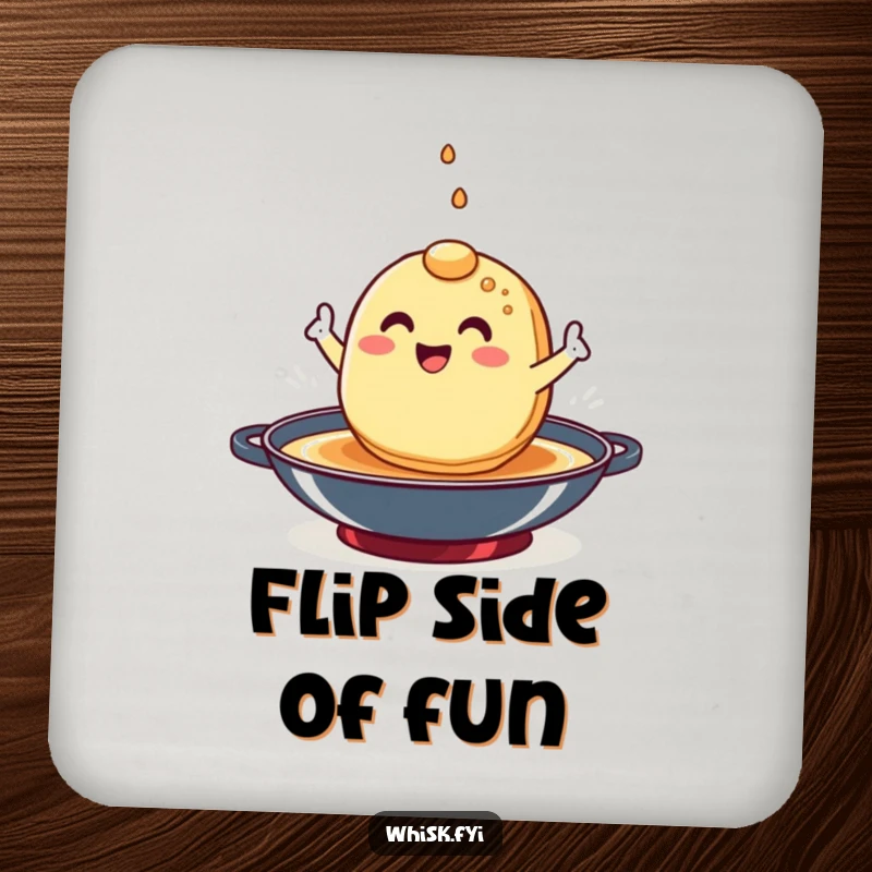 Funny pancake coaster showing a happy breakfast character performing a flip in a hot pan, protecting surfaces.