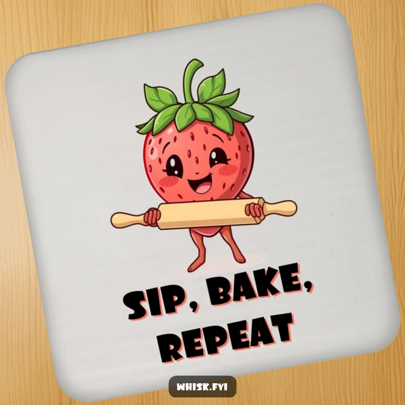 Funny drink coaster showcasing a delighted strawberry with a rolling pin, adding determined baking humor to surfaces.