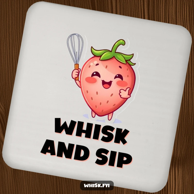 Funny strawberry coaster featuring a happy strawberry character playfully holding a whisk, protecting surfaces with charm.