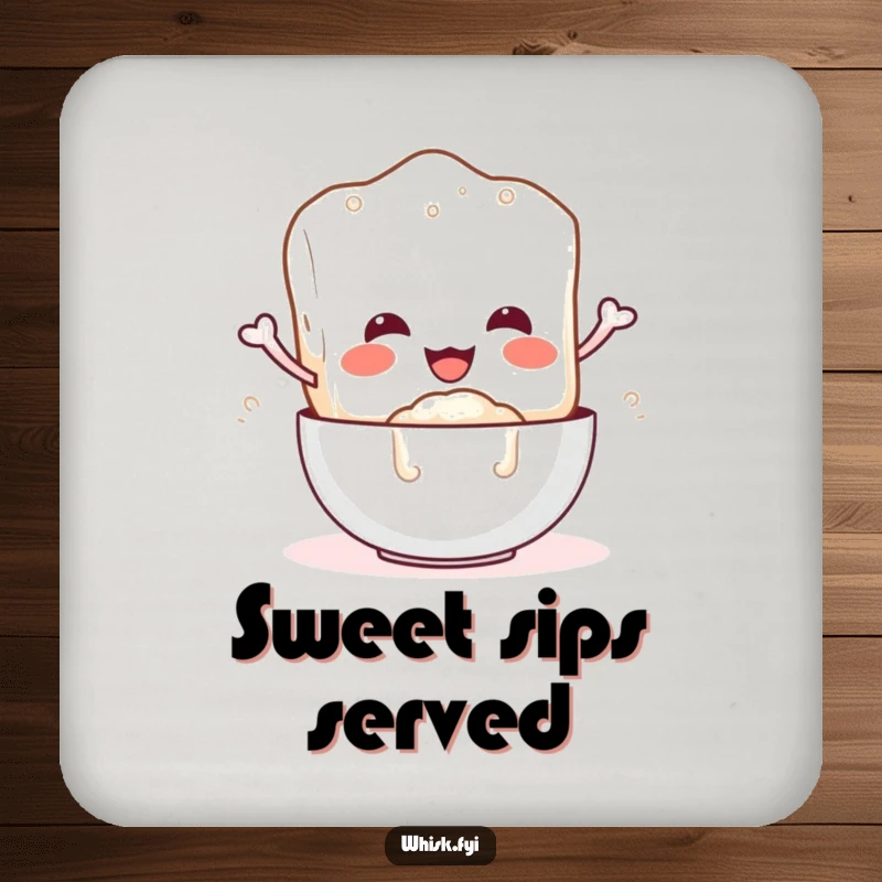 Funny drink coaster featuring a happy sugar cube character pouring sugar, protecting surfaces with humor.