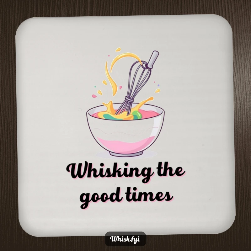 Funny drink coaster with a giggling whisk spinning in batter, protecting surfaces with humor.