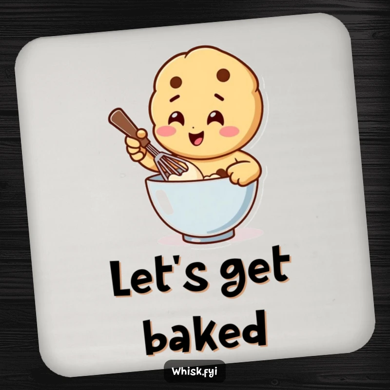 Funny drink coaster with a happy cookie character vigorously whisking batter in a bowl, protecting surfaces with baking humor.