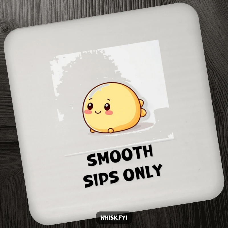 Funny drink coaster featuring a wobbly, round butter character happily sliding, protecting surfaces with smooth charm.