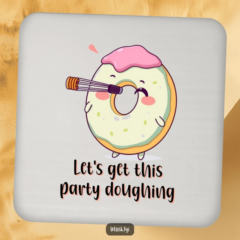 Funny donut character balancing a whisk on its nose, on a set of protective drink coasters. A delightful and humorous addition to any table.