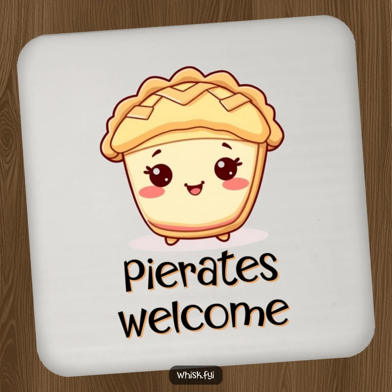 Funny Kawaii pie drink coaster, featuring a cheerful pie character with a lattice top, adding sweet humor.