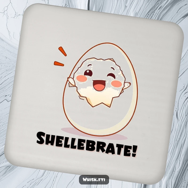 Funny coaster featuring a happy egg character cracking open with a joyful exclamation, adding cheer to table settings.