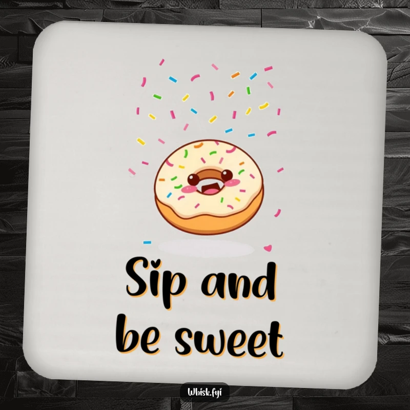 Funny Kawaii donut character joyfully scattering colorful sprinkles from above on a drink coaster, representing sweet joy.
