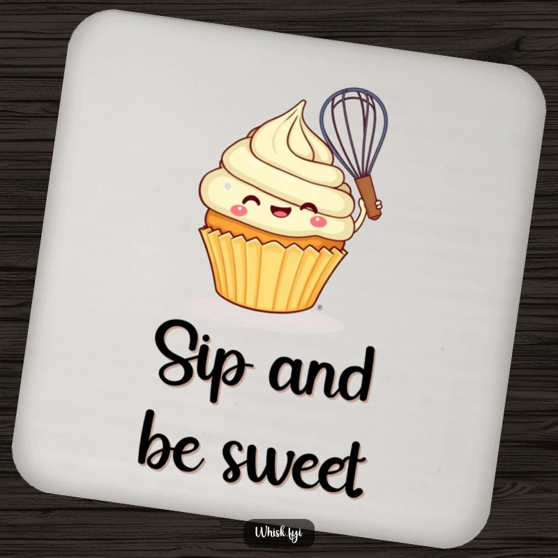 Funny cheerful cupcake joyfully swirling batter with a whisk on a humorous drink coaster.