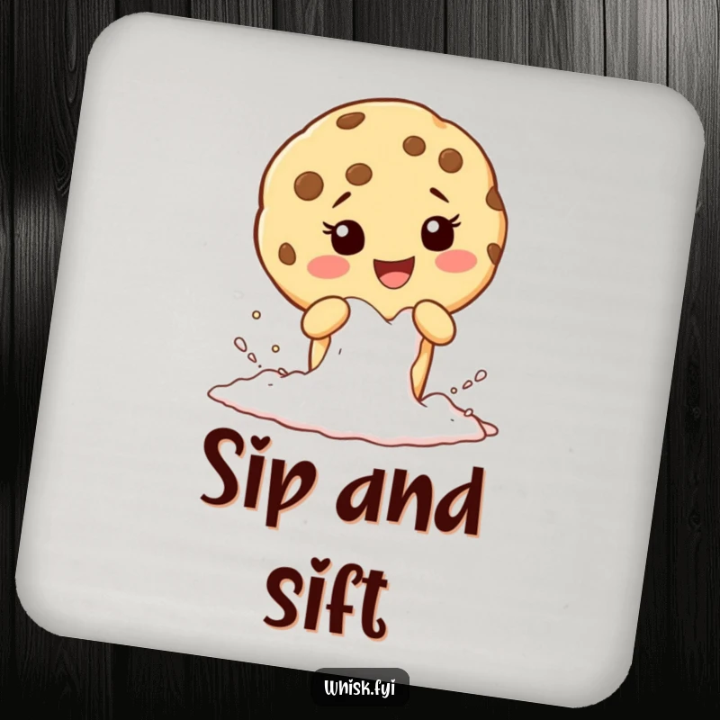 Funny drink coaster showcasing a giggling cookie character sifting flour, adding baking charm to surface protection.