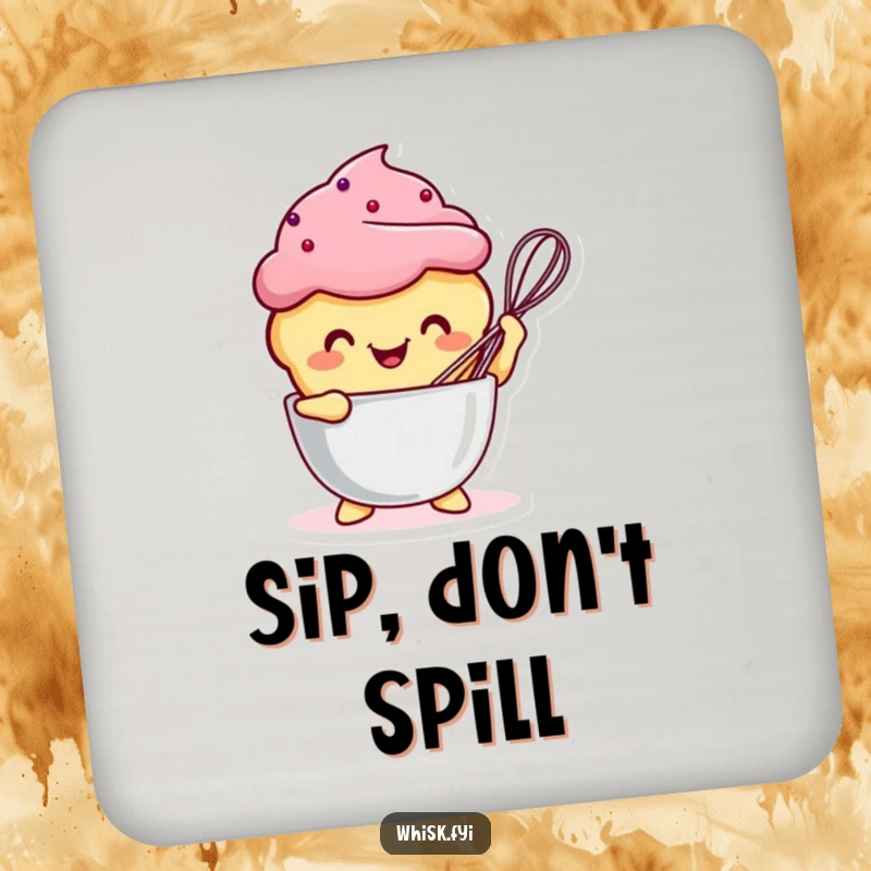 Funny Kawaii muffin character whisking enthusiastically, adding a splash of humor to any drink setting.