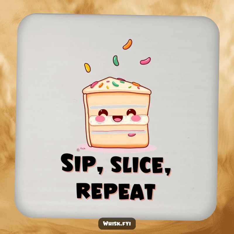 Funny cake coaster set depicting a playful slice of cake juggling colorful sprinkles, adding a sweet charm.