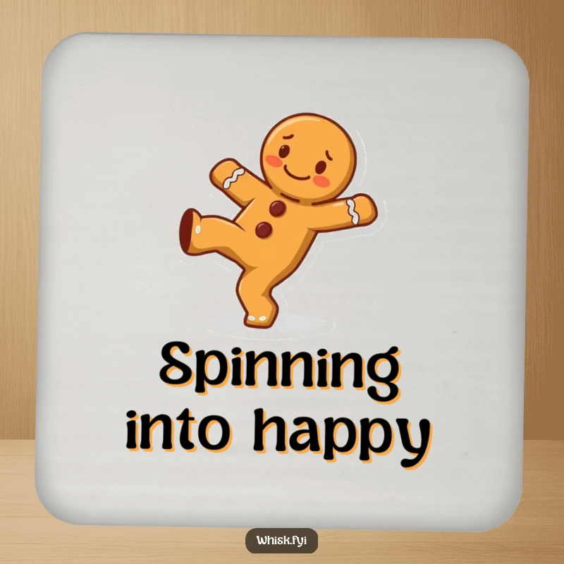 Funny cheerful gingerbread man character doing a cartwheel on a protective drink coaster, adding fun to any table.