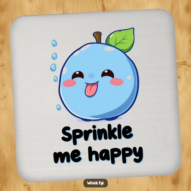 Funny cheerful blue blueberry character catching a sprinkle on a drink coaster, a set of humorous dessert accessories.