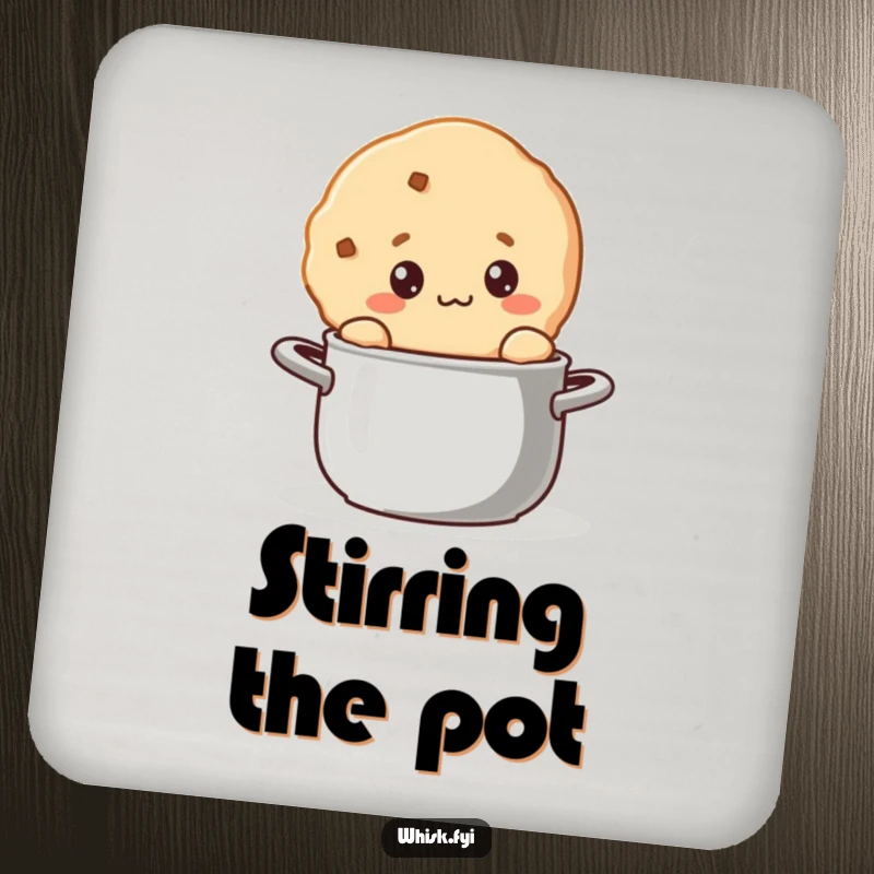 Funny kawaii cookie coaster showing a curious cookie character stirring a pot, protecting surfaces.