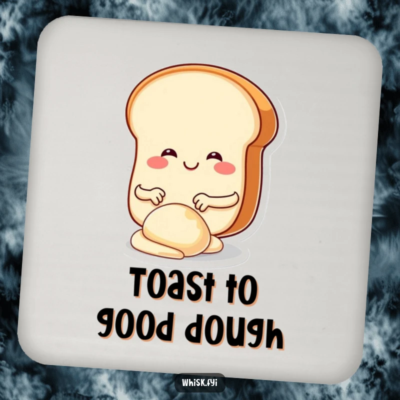 Funny bread slice character joyfully kneading dough, printed on a protective round coaster for kitchen use.