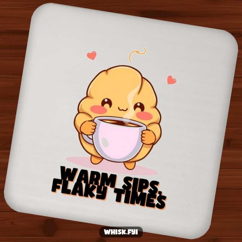 Funny coaster featuring a blushing croissant offering coffee, providing a charming and humorous decoration for drink surfaces.