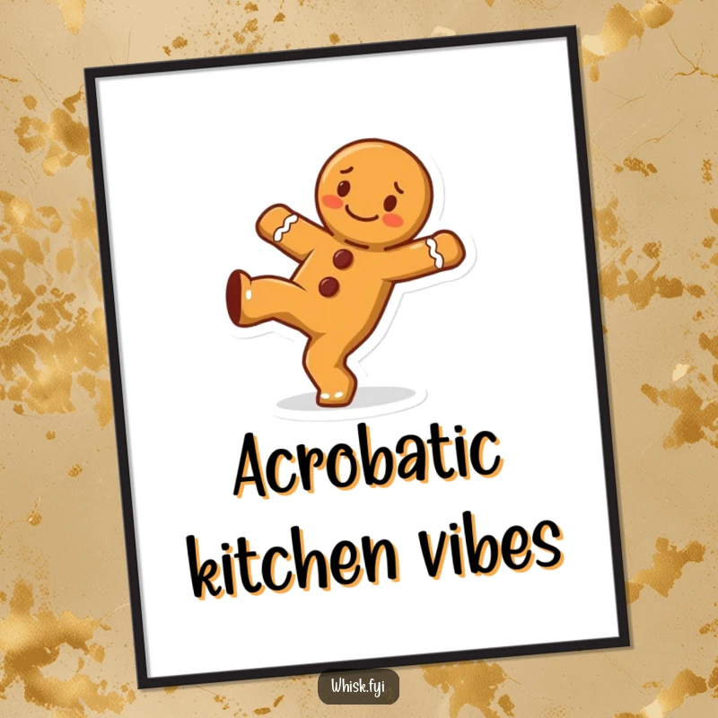 Funny cheerful gingerbread man character performing a cartwheel on a vibrant poster, bursting with playful energy.