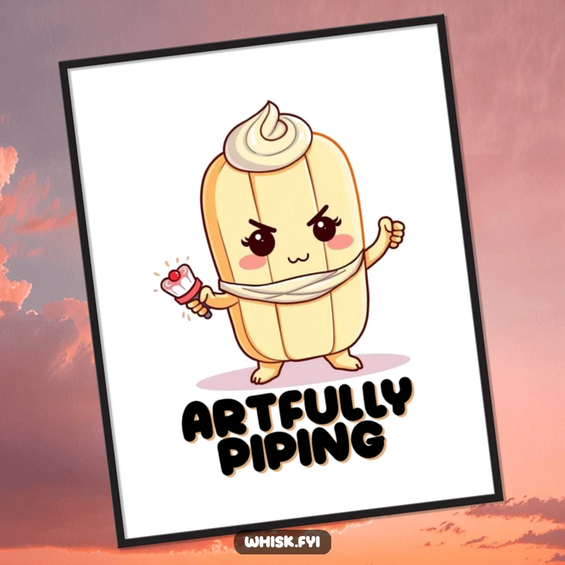 Funny baguette poster depicting a determined baguette character bravely piping frosting, adding artistic flair to decor.