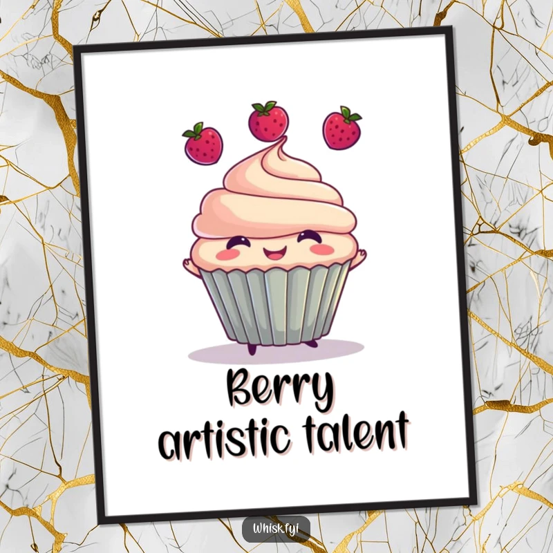 Funny poster featuring a cheerful cupcake character juggling three juicy berries, creating a lively and humorous piece of wall art.