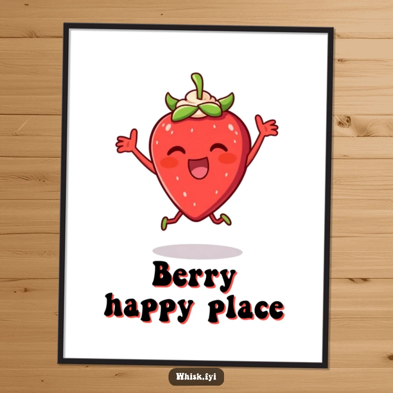 Funny Strawberry Cream Poster: A thrilled strawberry dancing with cream, a vibrant and humorous piece of art for any kitchen or dining area.