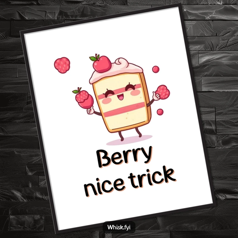 Funny Kawaii cake poster, depicting a playful cake slice juggling small berries, a sweet and humorous wall decoration.