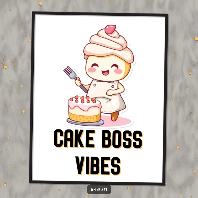 Funny poster: A smiling cupcake wearing an apron, joyfully decorating a cake, adding a sweet touch.