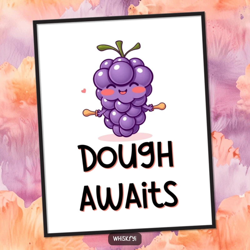 Funny blushing purple grape character with tiny arms joyfully rolling out dough with a small pin, art print.