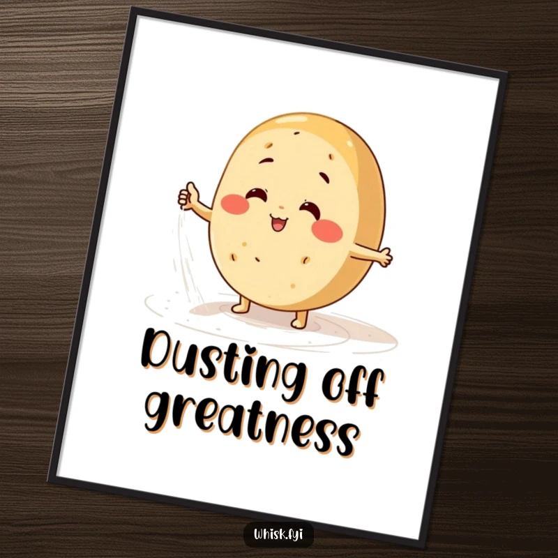 Funny bread poster art showing a happy character energetically dusting a surface with flour, great for kitchens.