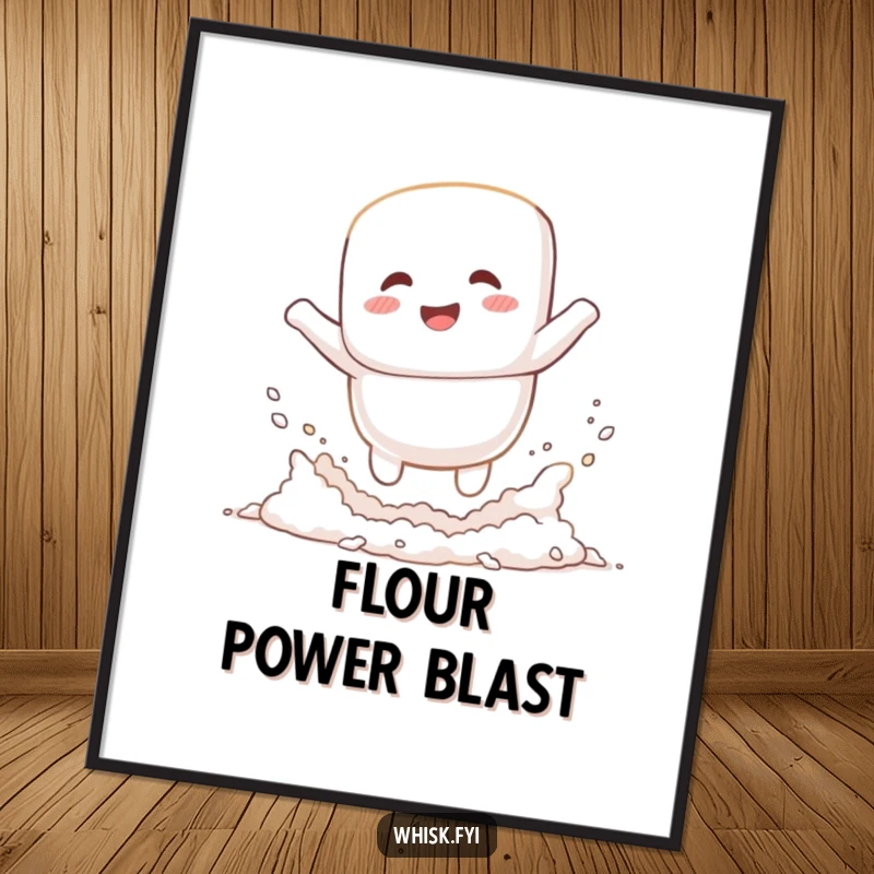 Funny giggling white marshmallow character happily jumping into a cloud of flour, displayed on a poster, whimsical baking art.