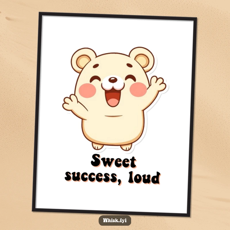 Funny happy bear claw pastry character giving a delighted cheer on a vibrant poster, full of baked joy.