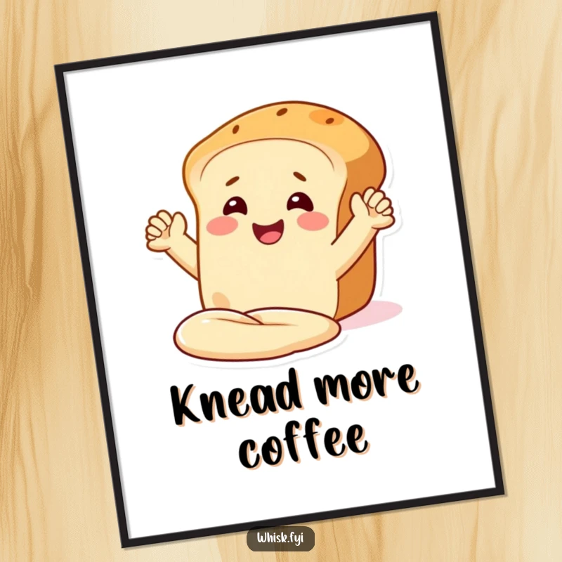 Funny poster art of a delighted bread loaf with arms, smiling and kneading dough, adding a humorous touch.