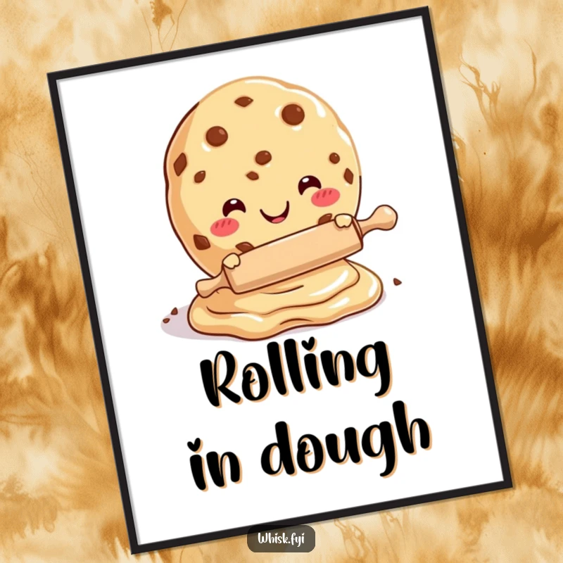 Funny poster featuring a happy cookie character using a small rolling pin to flatten dough, adding whimsical decor.