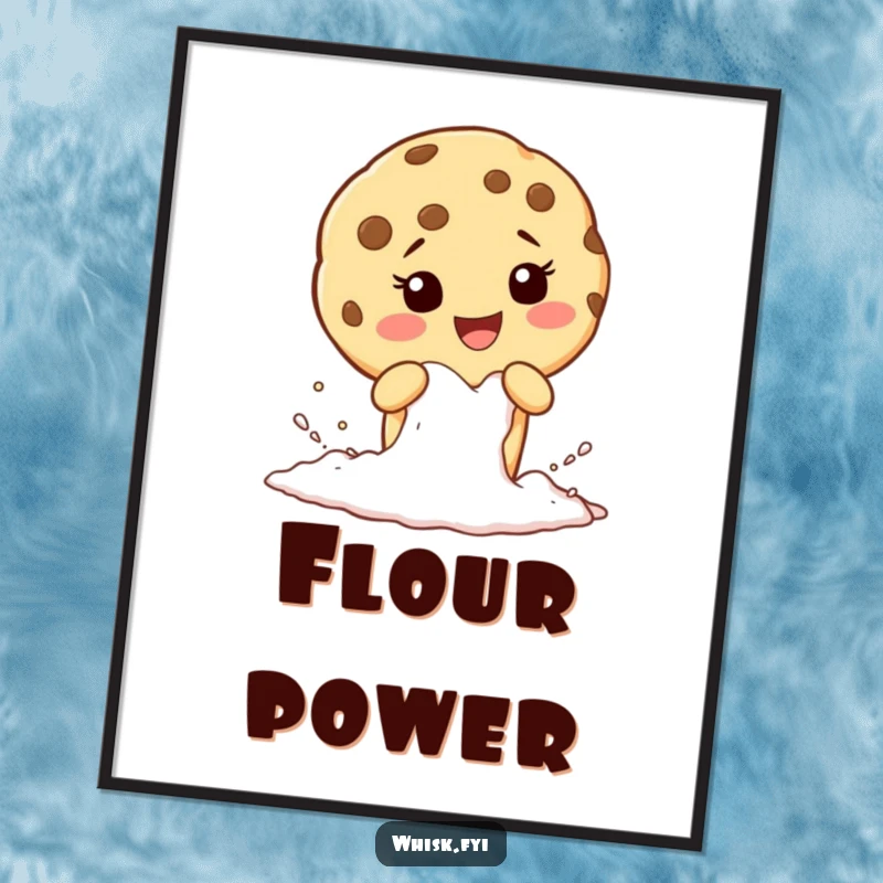Funny poster showcasing a giggling cookie character enthusiastically sifting flour, ready for baking.