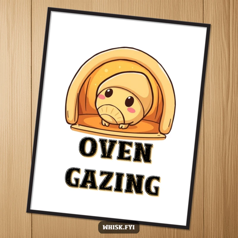 Funny croissant poster depicting a curious croissant character peeking into a warm oven, adding warmth to decor.