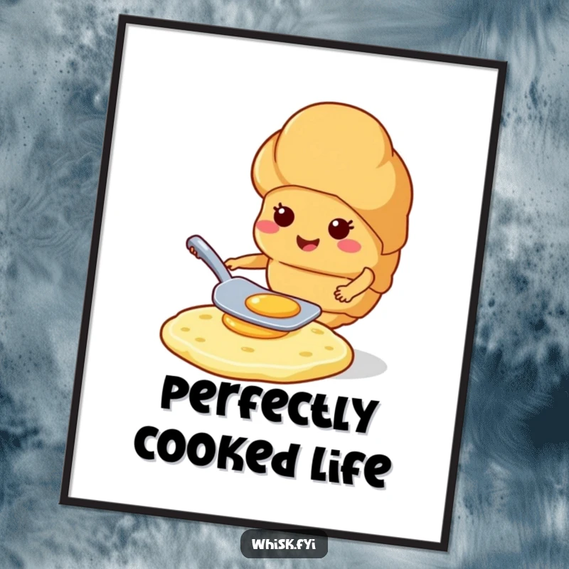 Funny smiling croissant expertly flipping a pancake with a spatula on a humorous poster.