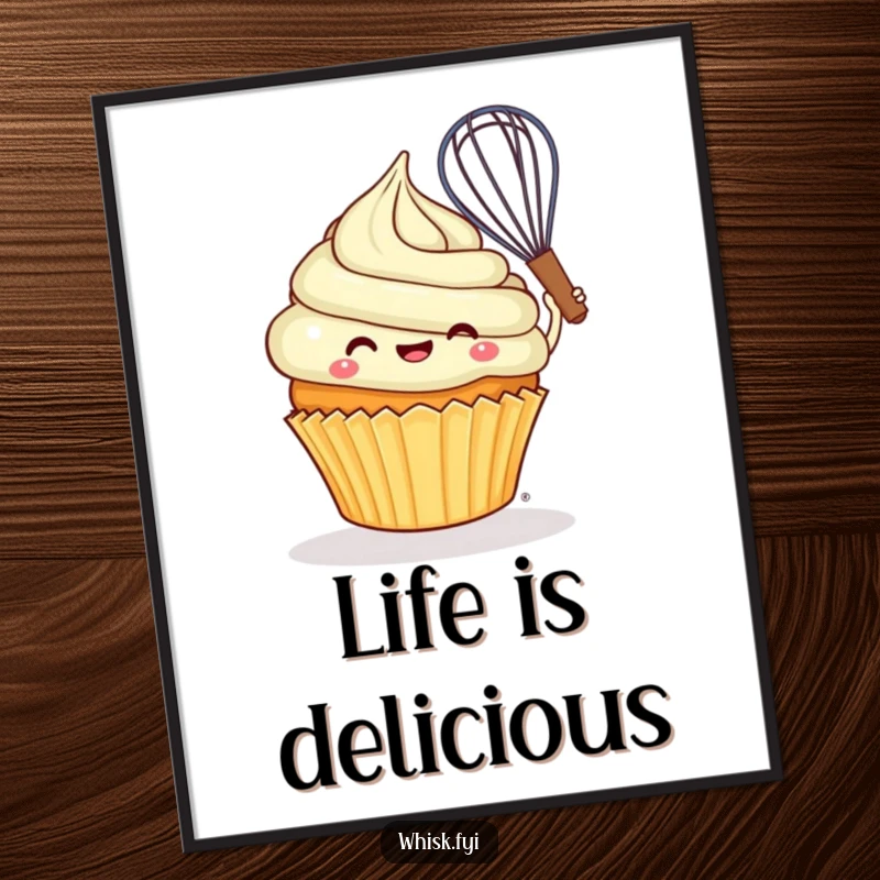 Funny cheerful cupcake joyfully swirling batter with a whisk on a humorous poster.