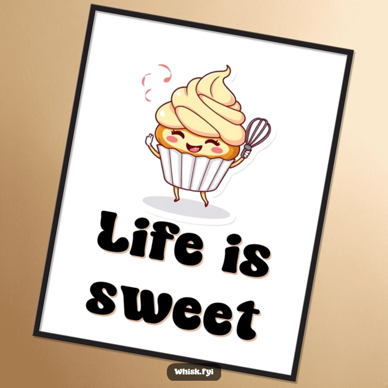 Funny poster of a smiling cupcake character playfully twirling a whisk, adding sweet humor and charm to any room.