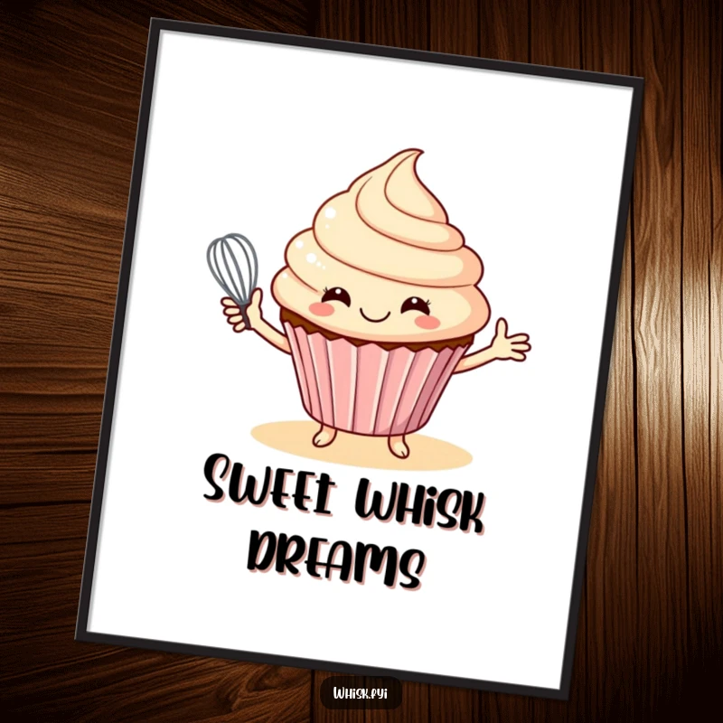 Funny poster showcasing a smiling cupcake with outstretched arms, offering a whisk, ready to whip up some batter.